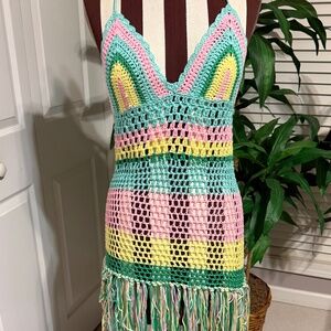 Crochet Swim Suit Cover Up Multicolor Fringe Boho Beach Resortwear Size S